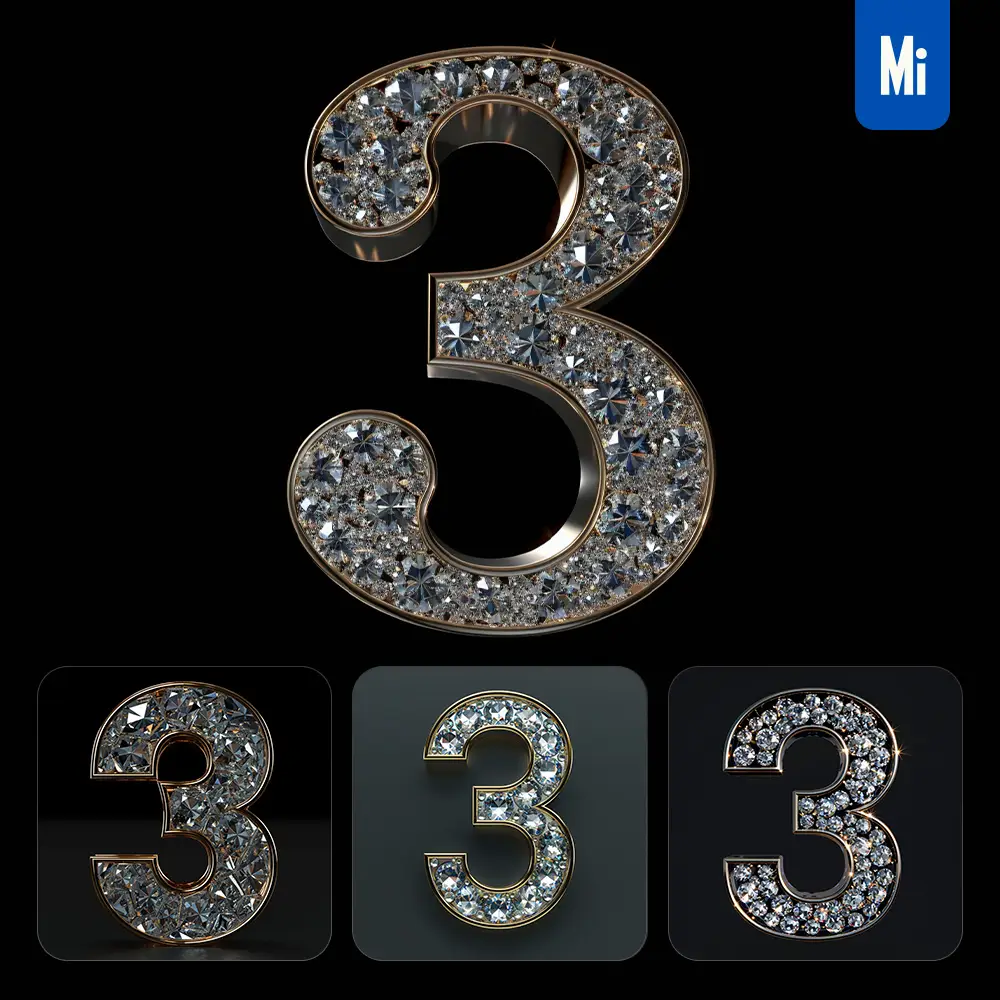 Midjourney Prompt 3 Number Word Text Type Diamond Gold 3d