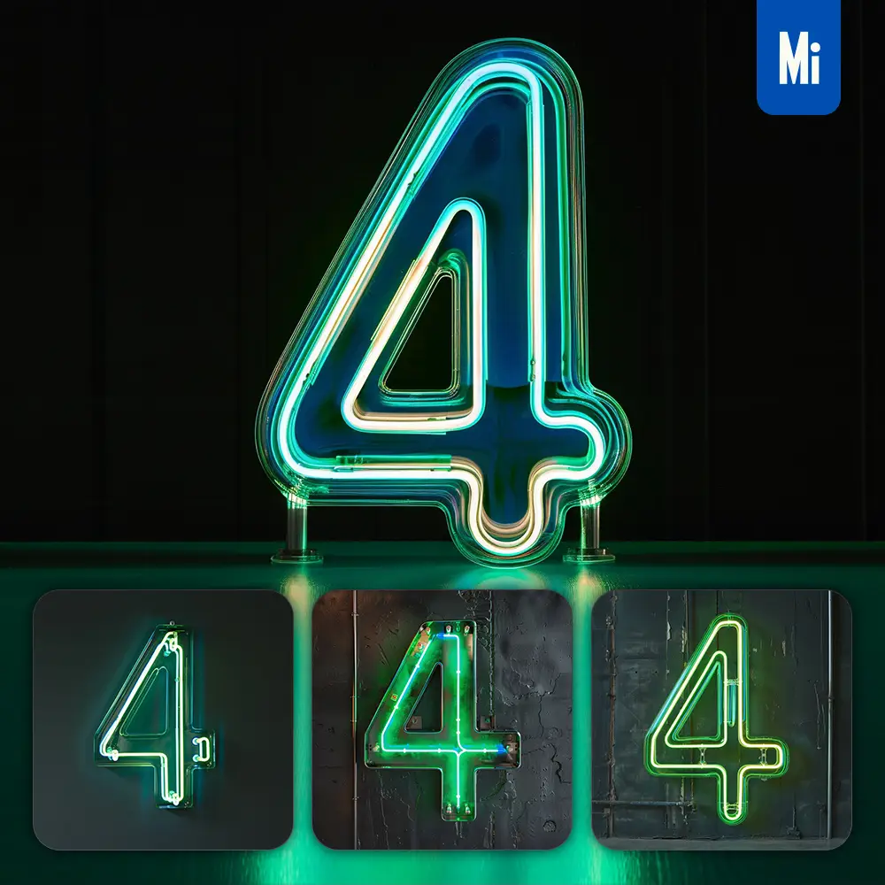 Midjourney Prompt 4 Number Green Led Neon Light Word Text