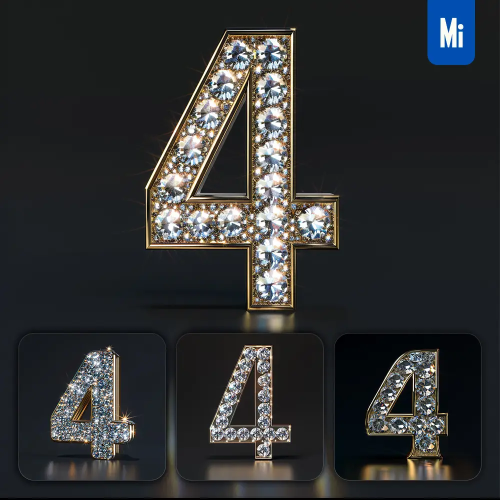 midjourney prompt 4 number word text type diamond gold 3D