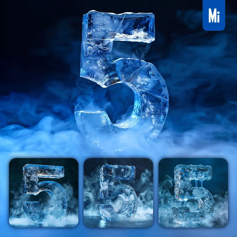 midjourney prompt 5 number cold ice block text word freeze 3D