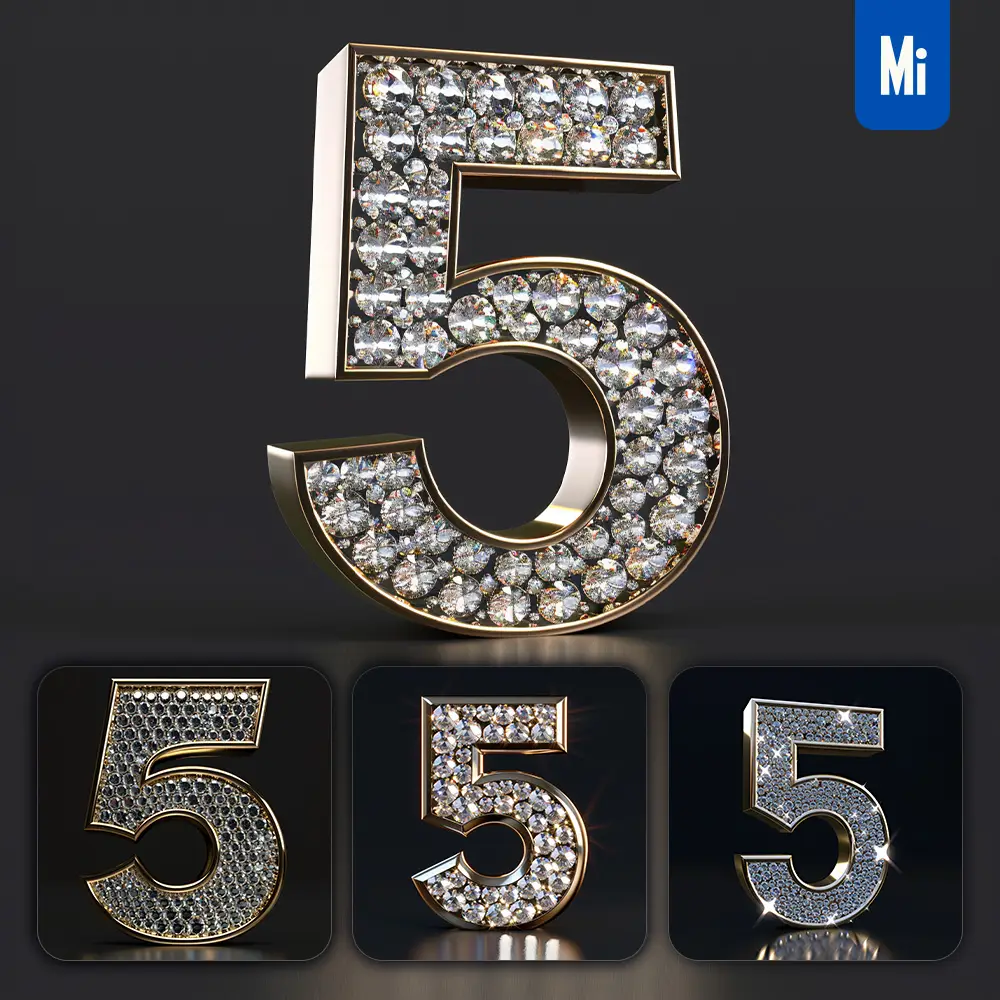 midjourney prompt 5 number word text type diamond gold 3D