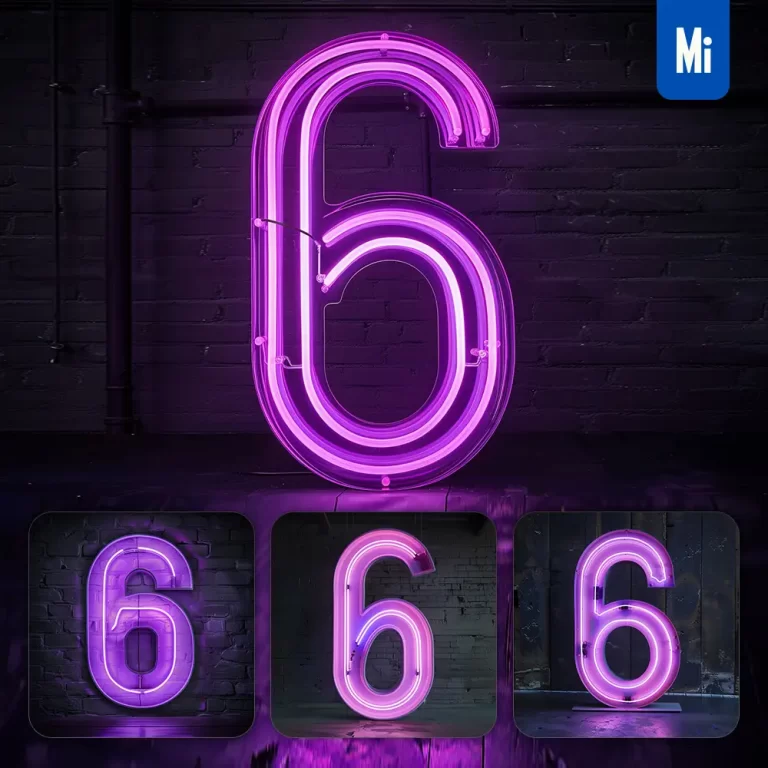 midjourney prompt 6 number purple LED neon light word text