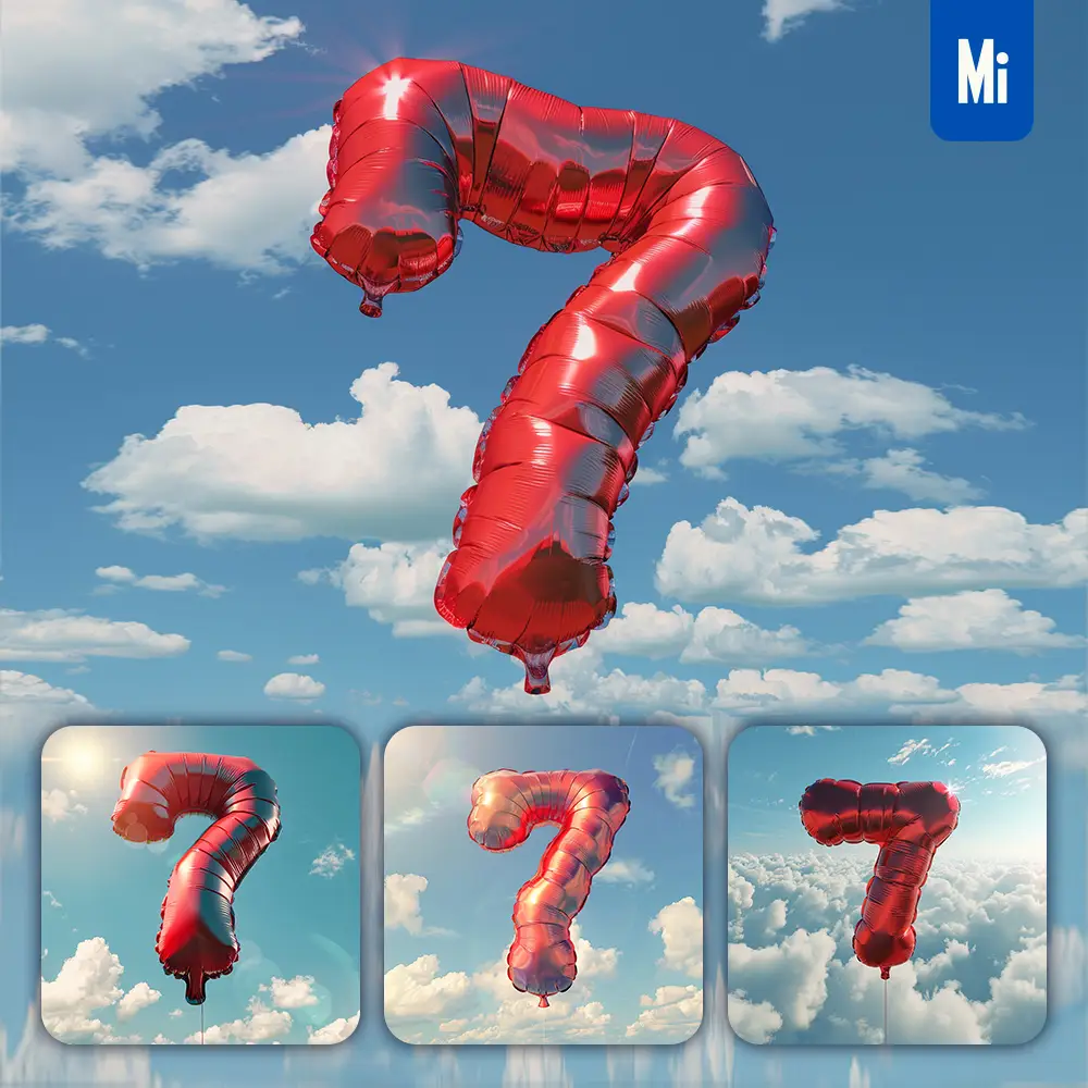 midjourney prompt 7 number red balloon sky cloud 3D