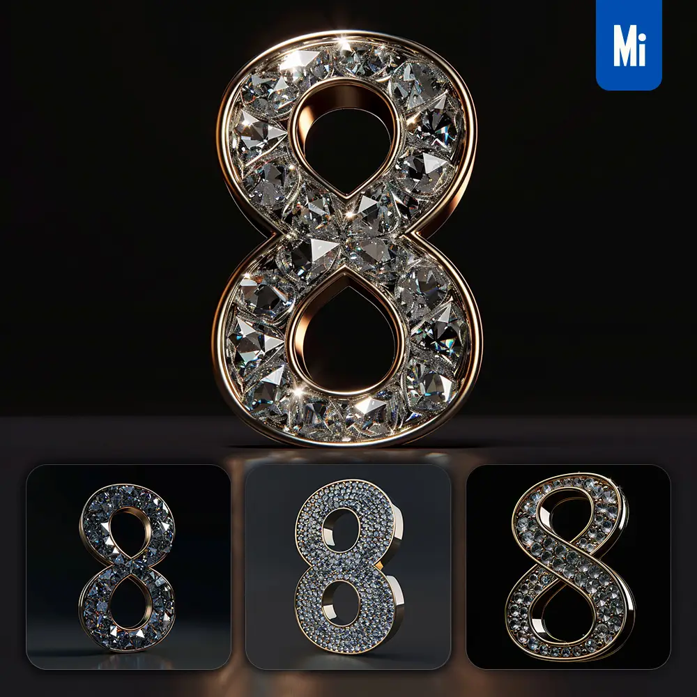 Midjourney Prompt 8 Number Word Text Type Diamond Gold 3d