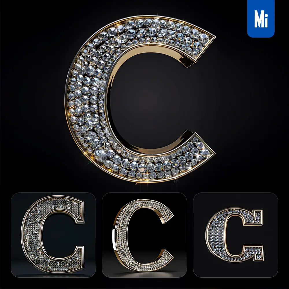 Midjourney Prompt C Letter Word Text Type Diamond Gold 3d