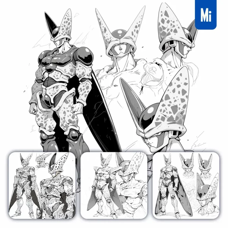 midjourney prompt Cell Dragon Ball character comic cartoon animation sketch black and white schematic drawing manga