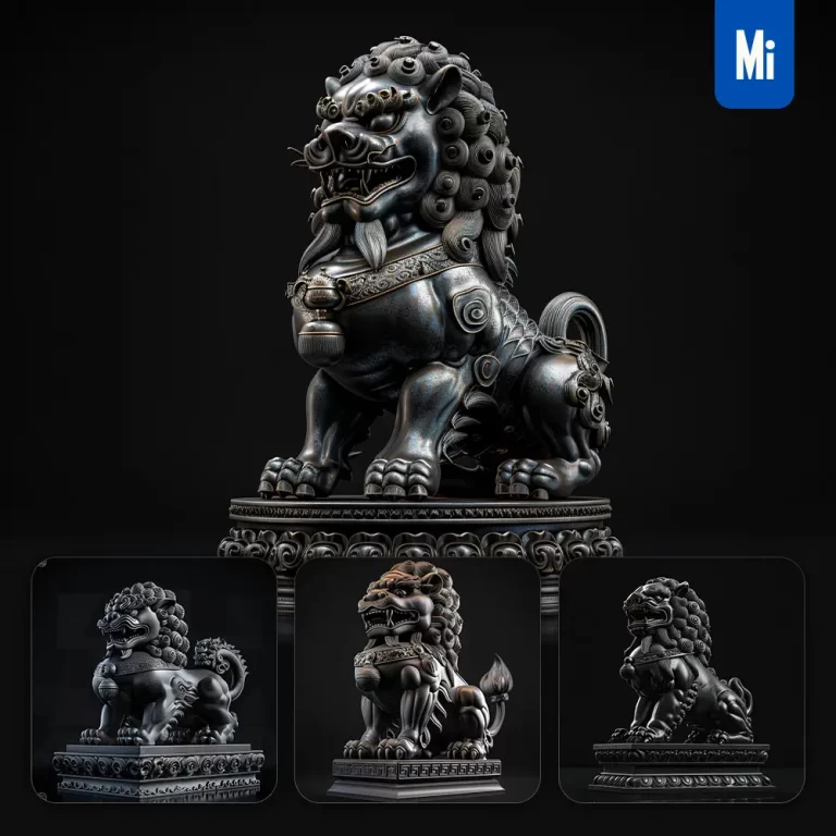 midjourney prompt Chinese lion statue sculpture stance 3D art