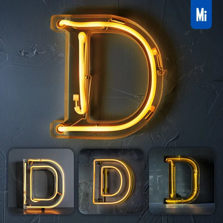 midjourney prompt D letter yellow LED neon light word text