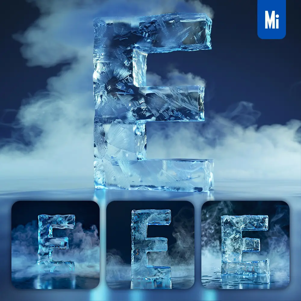 midjourney prompt E letter cold ice block text word freeze 3D