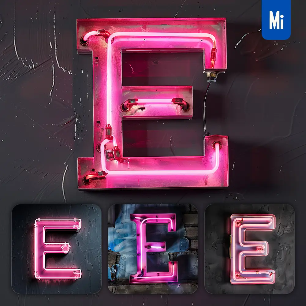 Midjourney Prompt E Letter Pink Led Neon Light Word Text