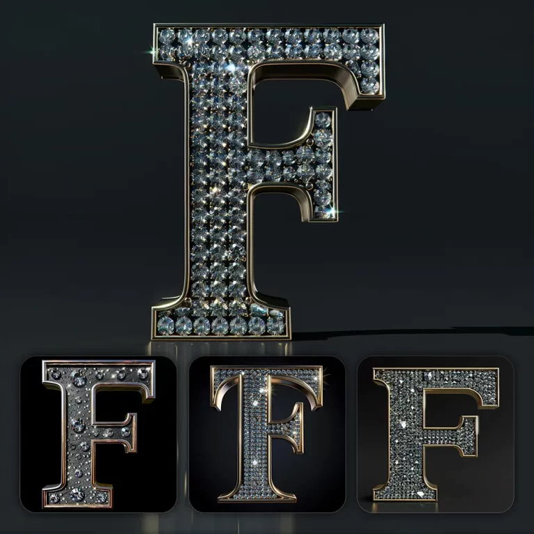 midjourney prompt F letter word text type diamond gold 3D