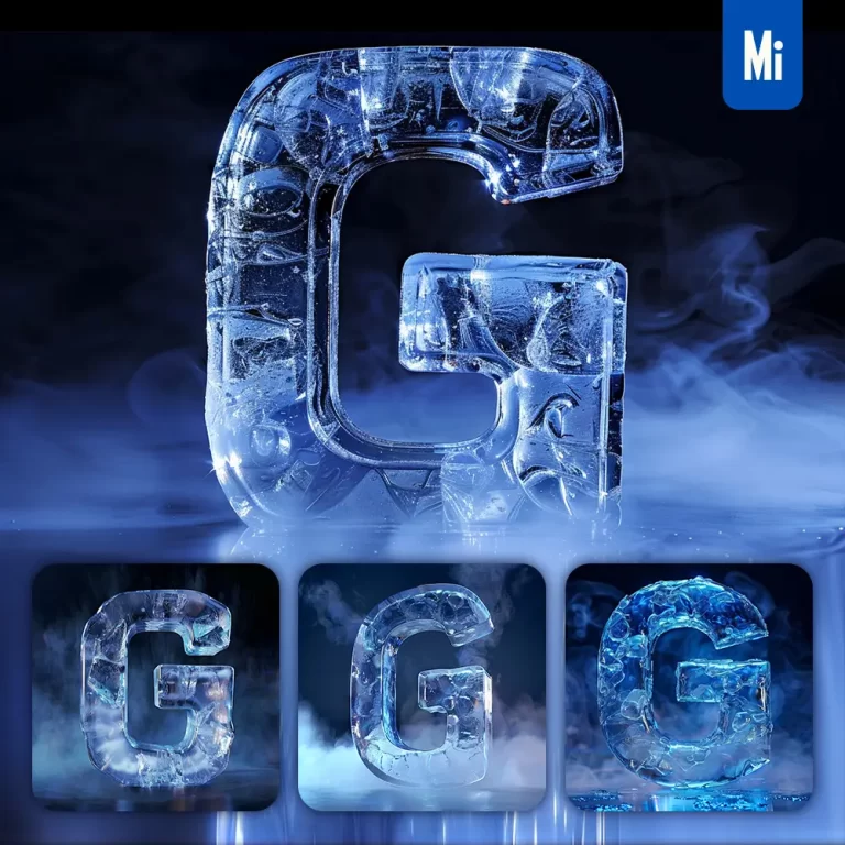 midjourney prompt G letter cold ice block text word freeze 3D