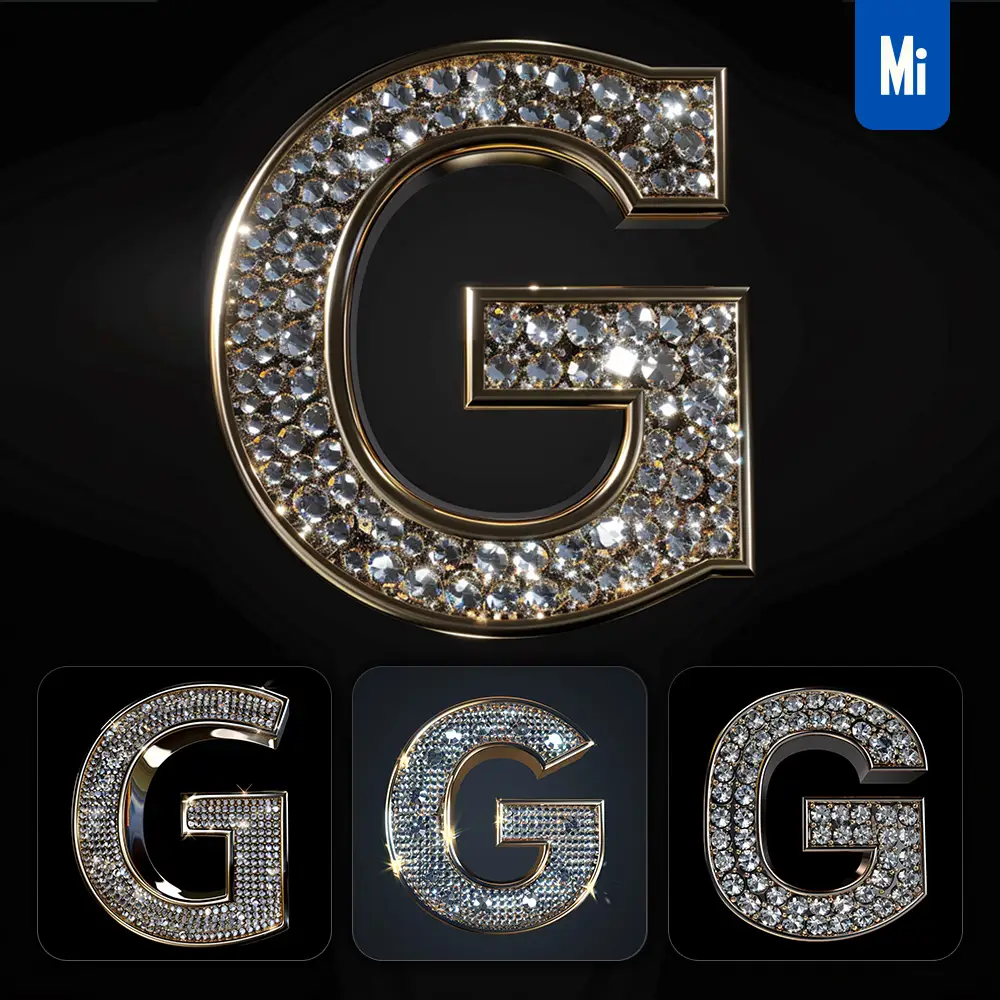 midjourney prompt G letter word text type diamond gold 3D