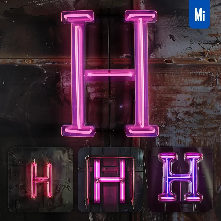 midjourney prompt H letter pink LED neon light word text