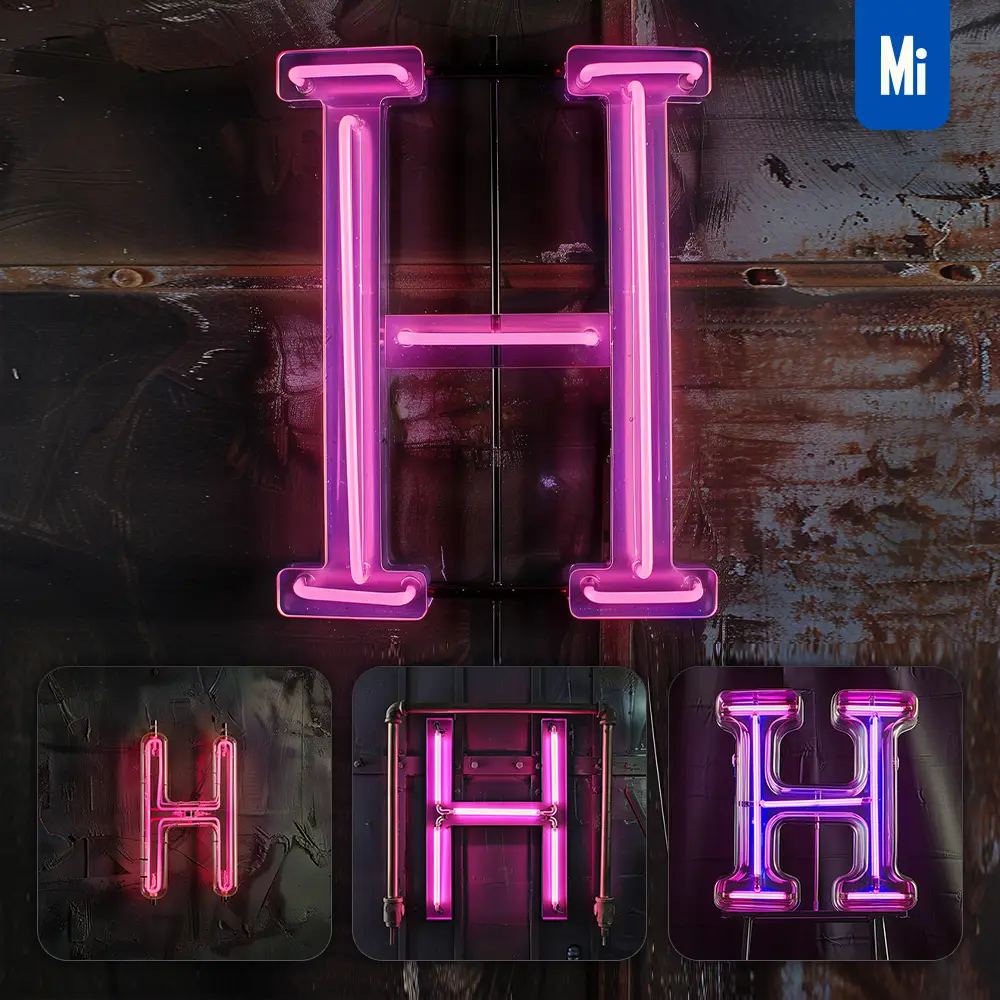Midjourney Prompt H Letter Pink Led Neon Light Word Text