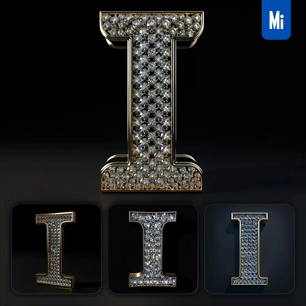midjourney prompt I letter word text type diamond gold 3D