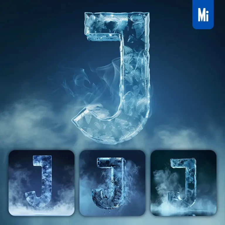 midjourney prompt J letter cold ice block text word freeze 3D