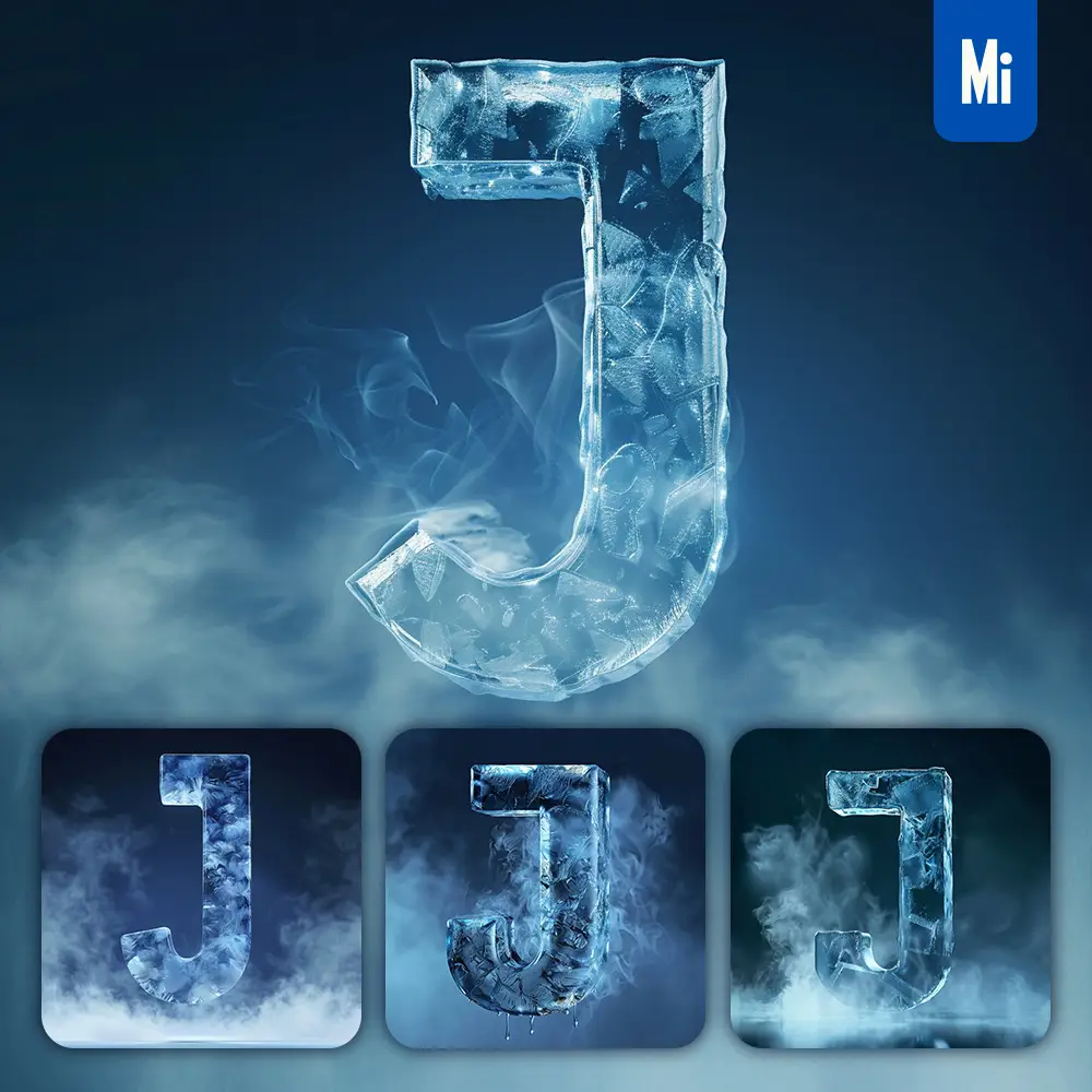 midjourney prompt J letter cold ice block text word freeze 3D