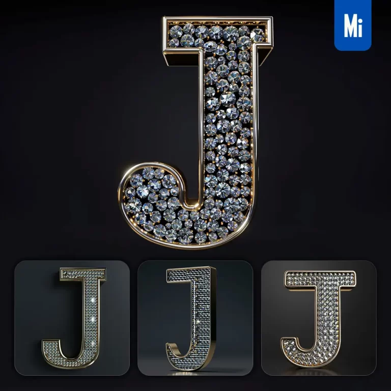 midjourney prompt J letter word text type diamond gold 3D