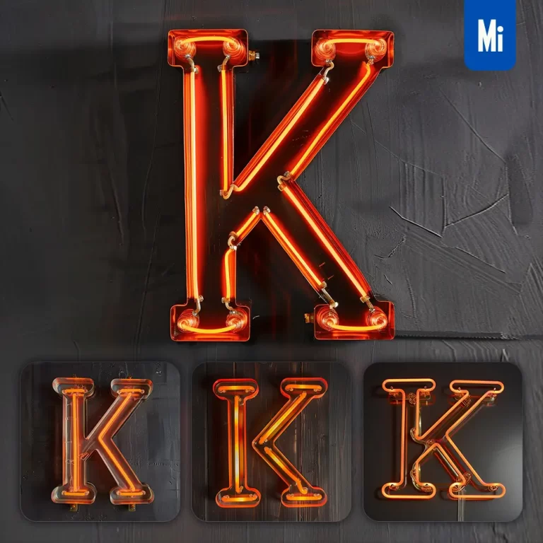 midjourney prompt K letter orange LED neon light word text