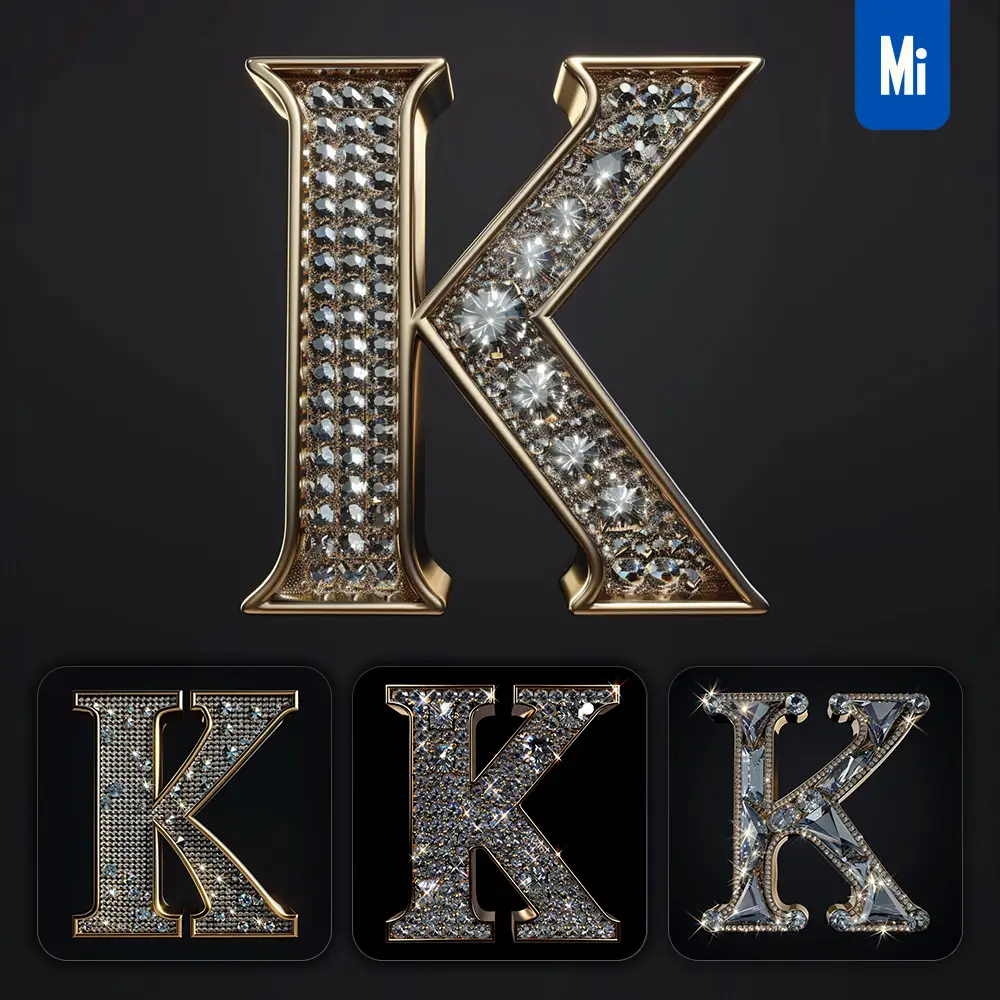 midjourney prompt K letter word text type diamond gold 3D
