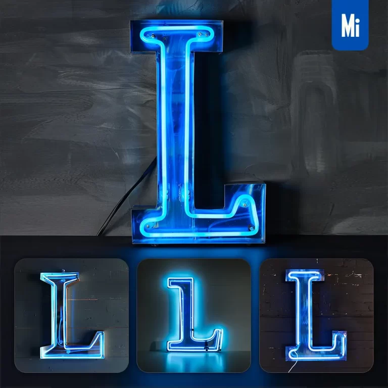 midjourney prompt L letter blue LED neon light word text