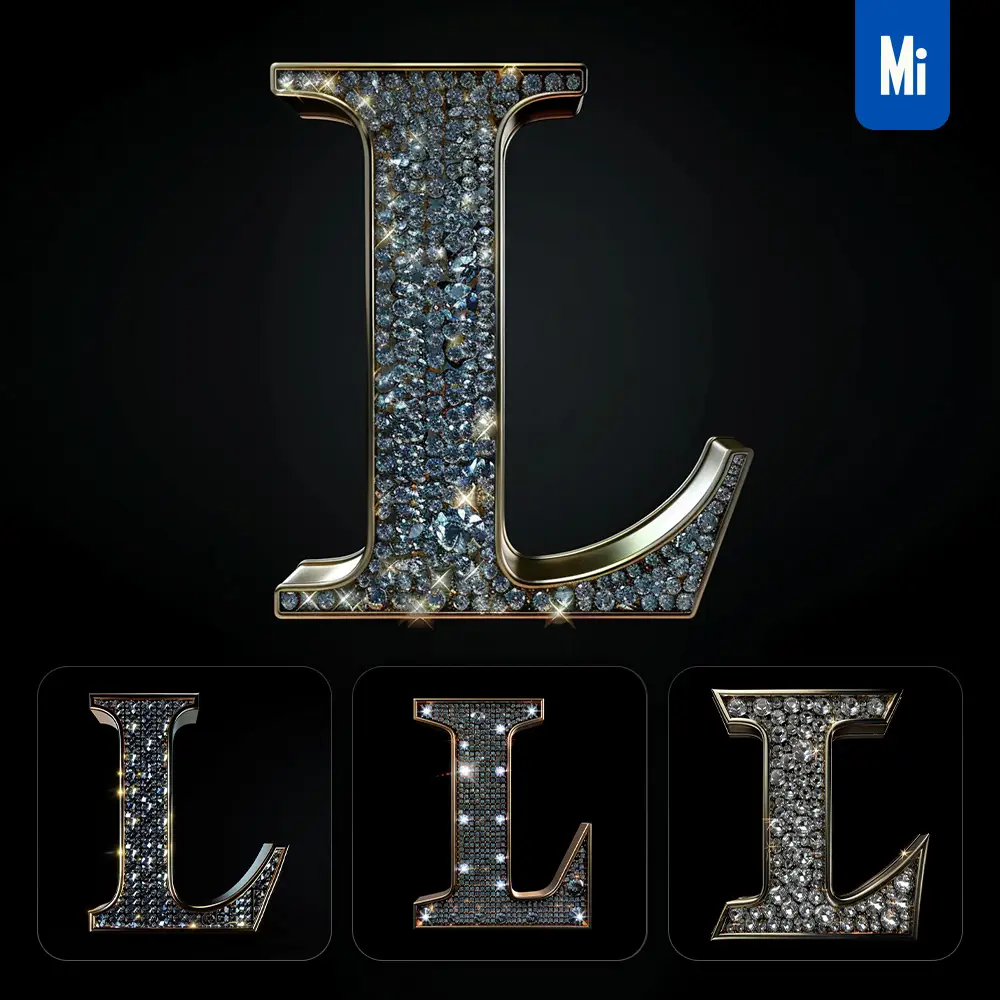 midjourney prompt L letter word text type diamond gold 3D