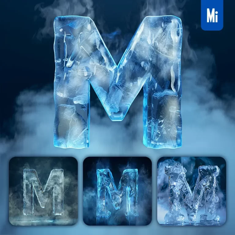 midjourney prompt M letter cold ice block text word freeze 3D