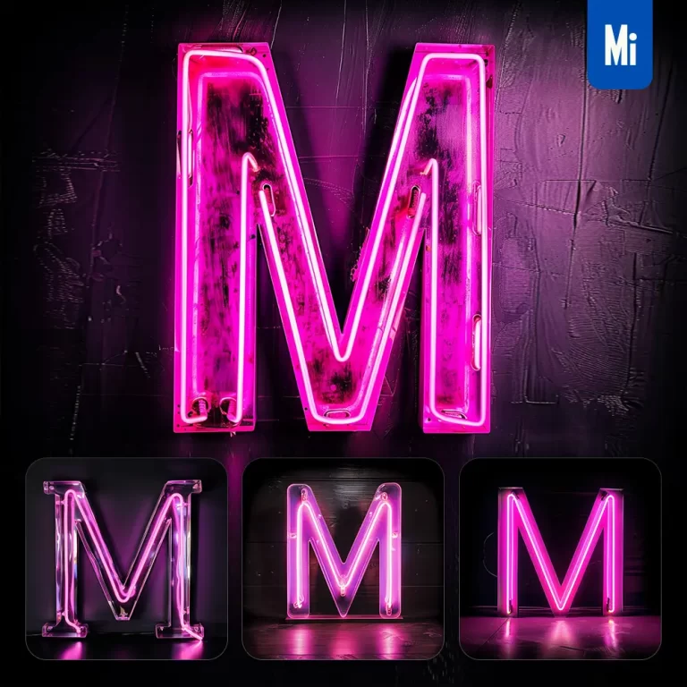 midjourney prompt M letter pink magenta LED neon light word text