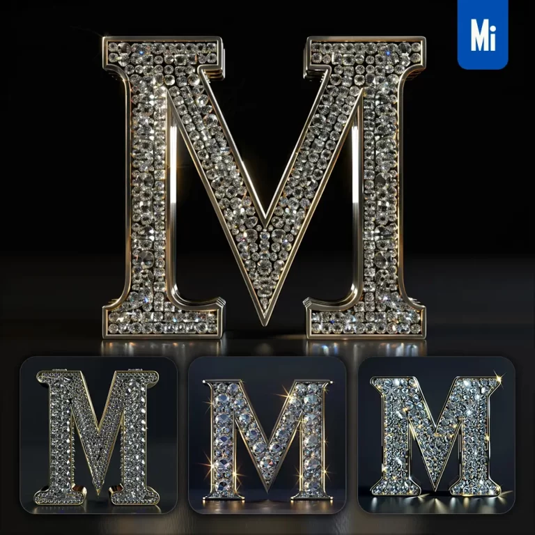 midjourney prompt M letter word text type diamond gold 3D