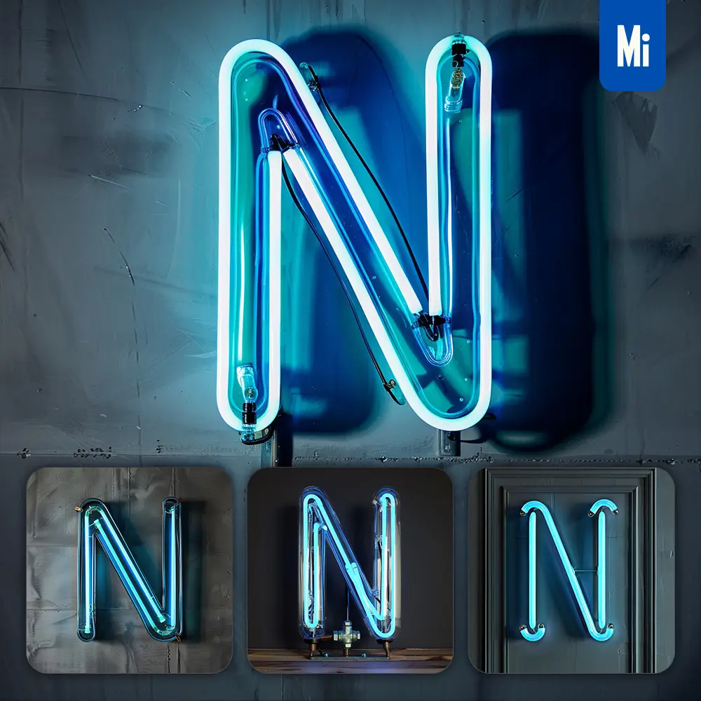 midjourney prompt N letter blue aqua LED neon light word text