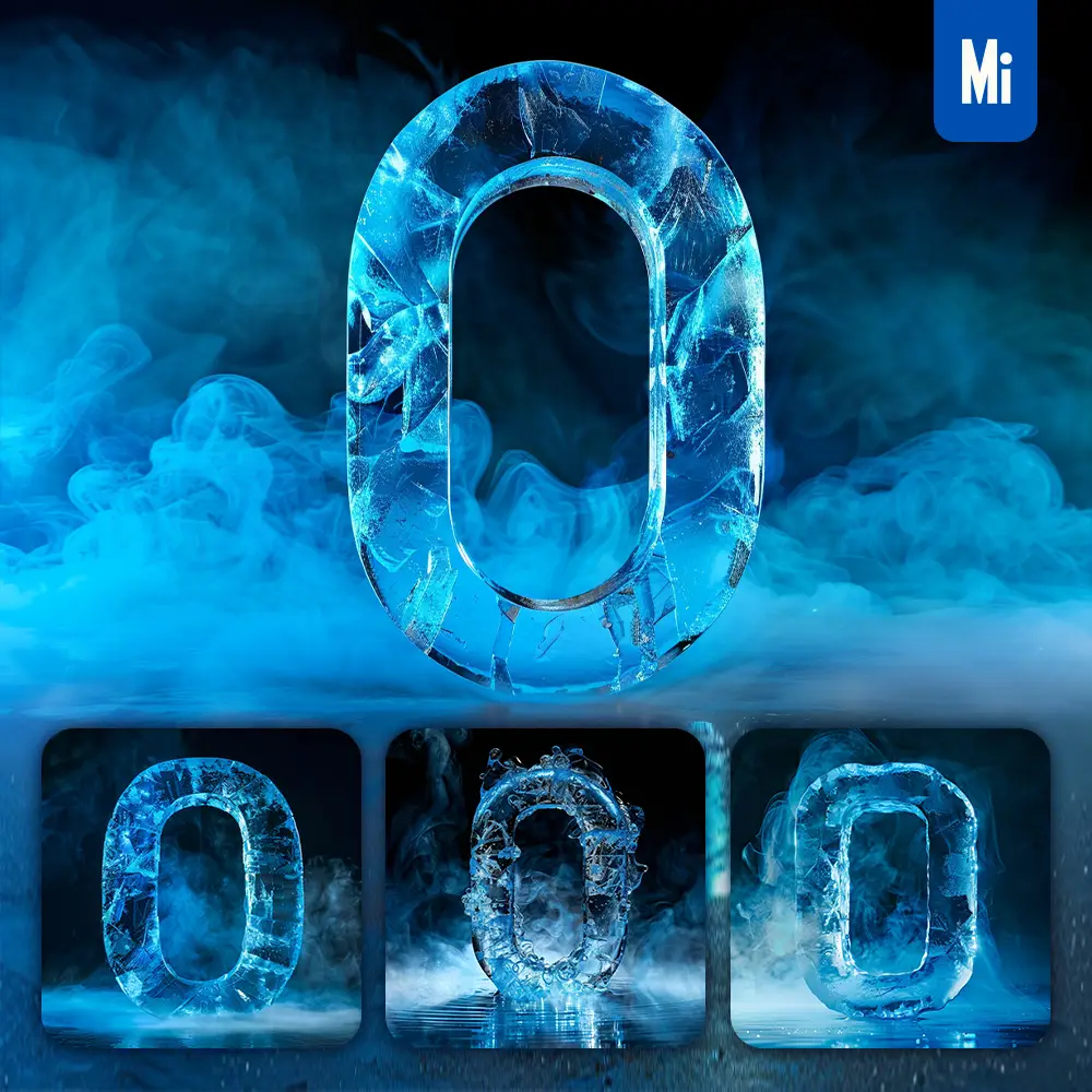 midjourney prompt O letter cold ice block text word freeze 3D