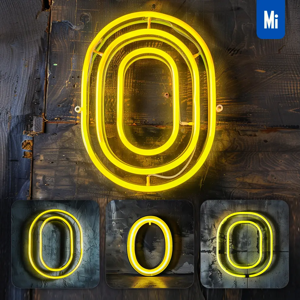 midjourney prompt O letter yellow LED neon light word text