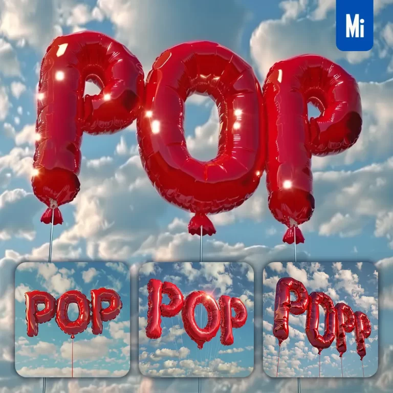 midjourney prompt POP air text word red balloon sky cloud 3D