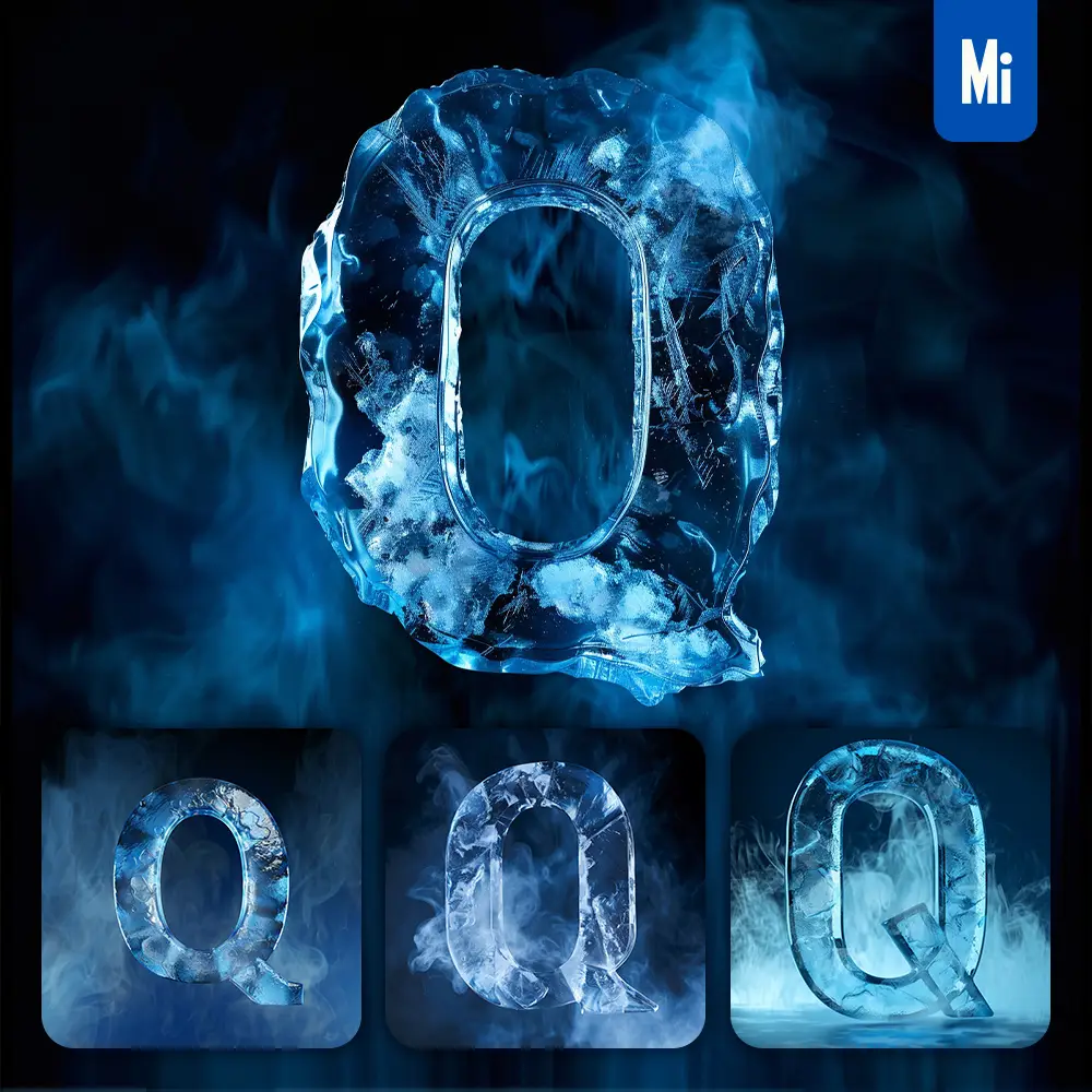 midjourney prompt Q letter cold ice block text word freeze 3D