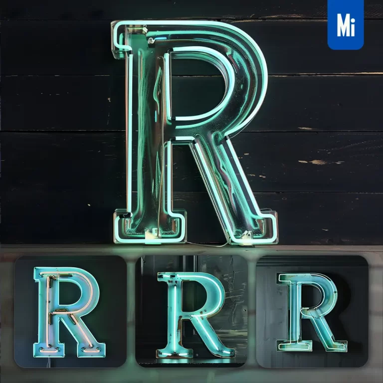 midjourney prompt R letter green celadon LED neon light word text