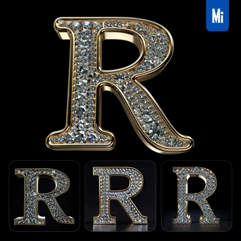 midjourney prompt R letter word text type diamond gold 3D