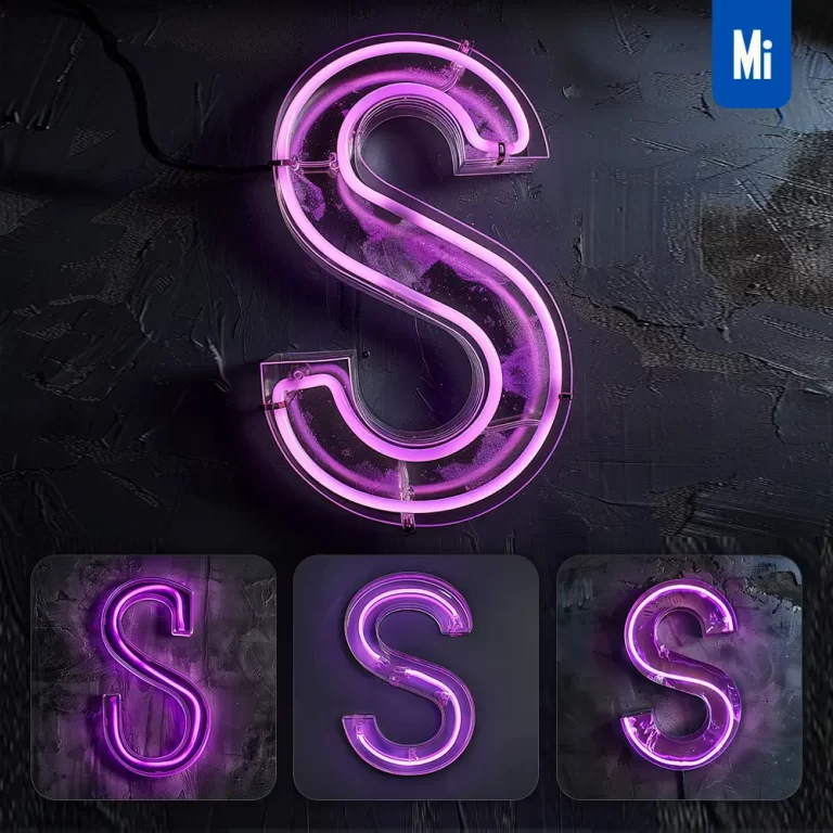midjourney prompt S letter purple eggplant LED neon light word text