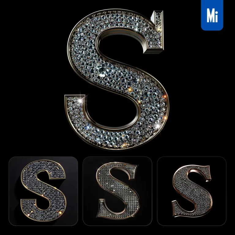 midjourney prompt S letter word text type diamond gold 3D