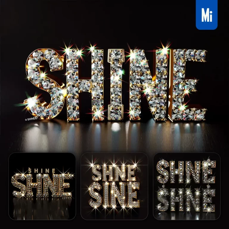 midjourney prompt SHINE word text type diamond gold 3D