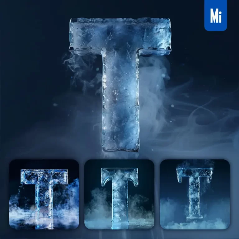 midjourney prompt T letter cold ice block text word freeze 3D