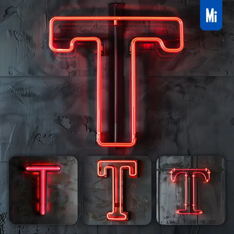 midjourney prompt T letter red LED neon light word text