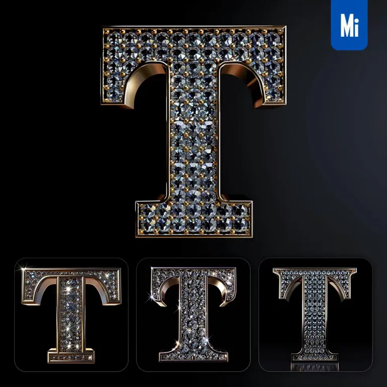 midjourney prompt T letter word text type diamond gold 3D