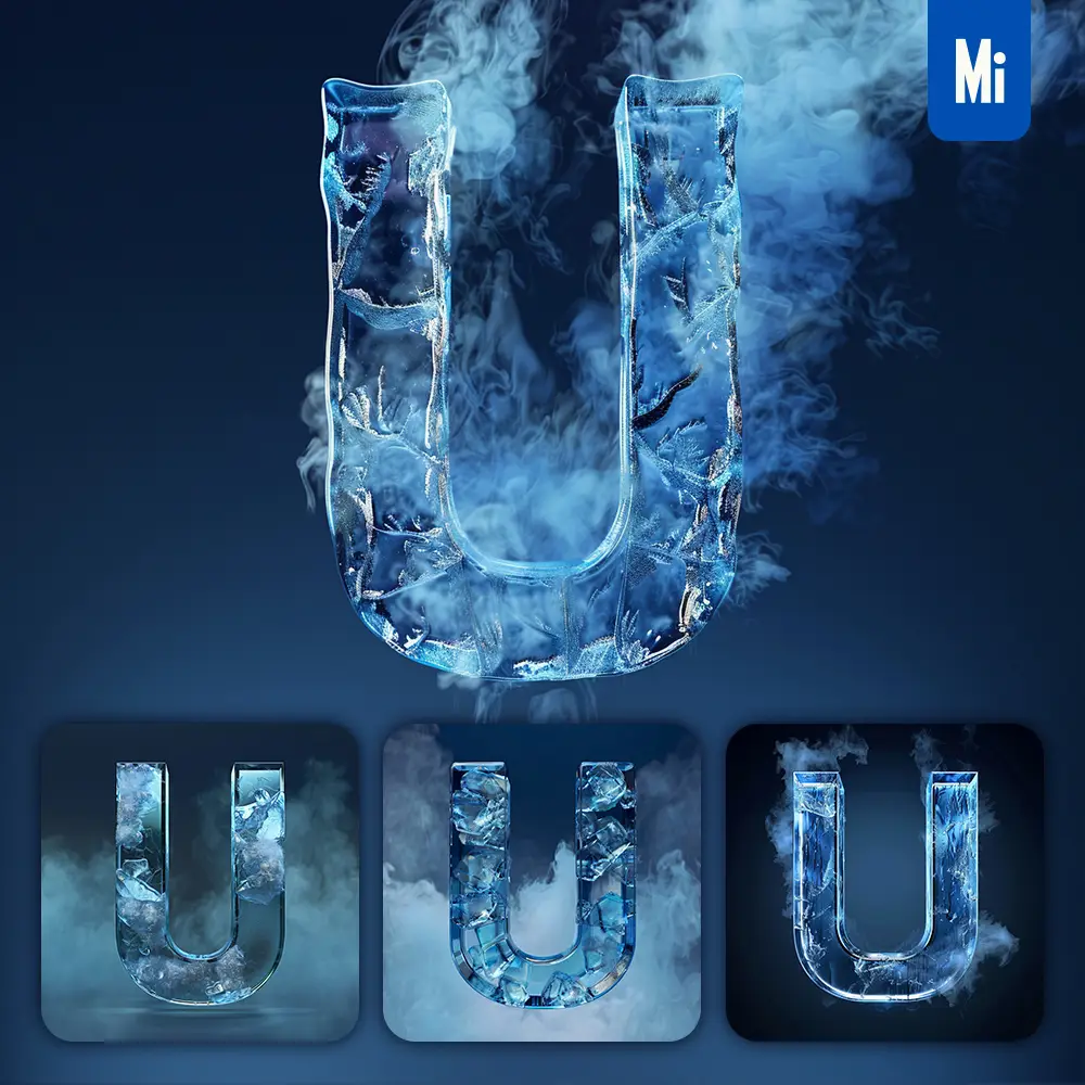 midjourney prompt U letter cold ice block text word freeze 3D