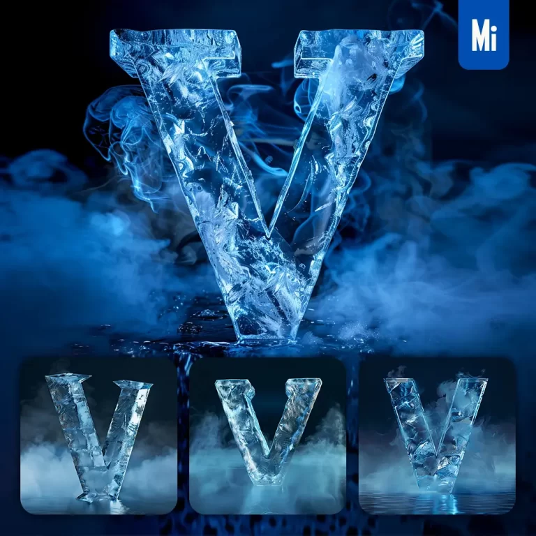 midjourney prompt V letter cold ice block text word freeze 3D
