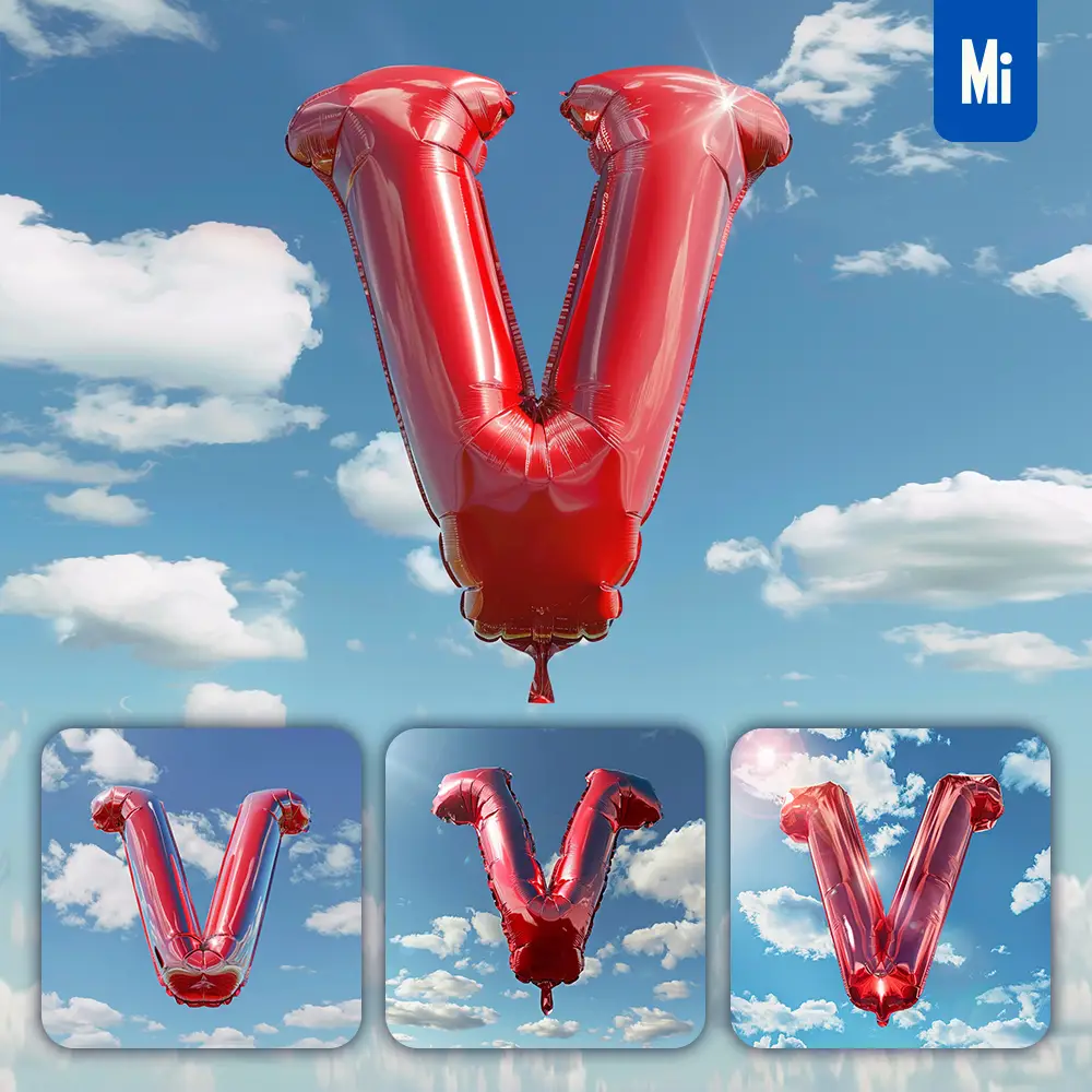 midjourney prompt V letter red balloon sky cloud 3D