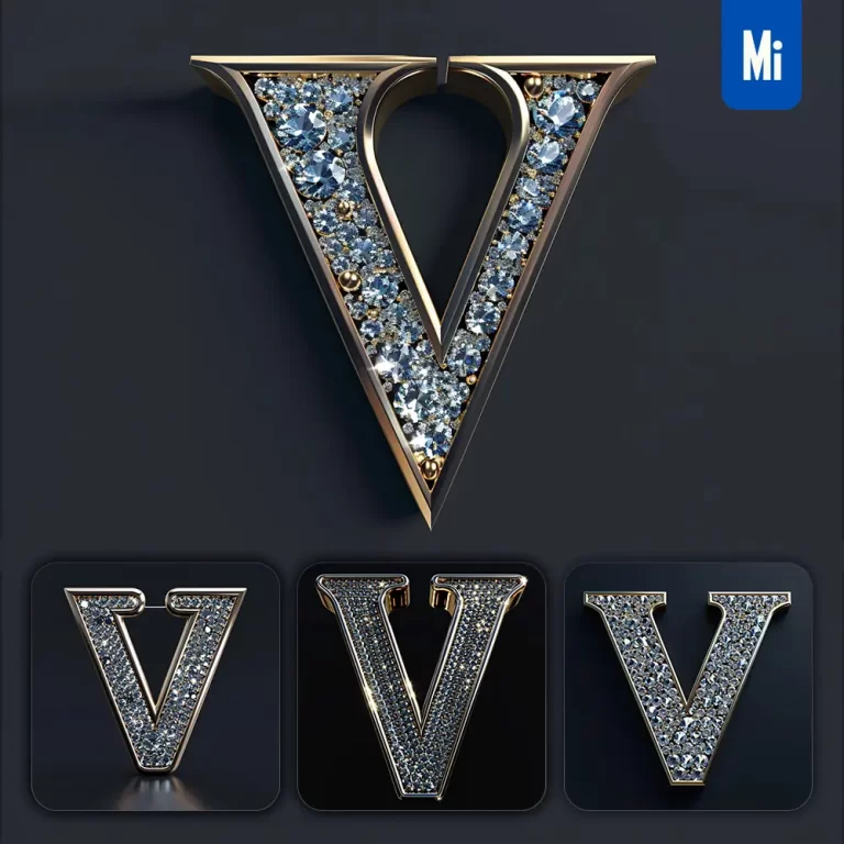 midjourney prompt V letter word text type diamond gold 3D