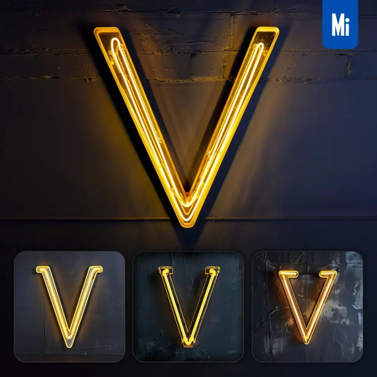 midjourney prompt V letter yellow LED neon light word text