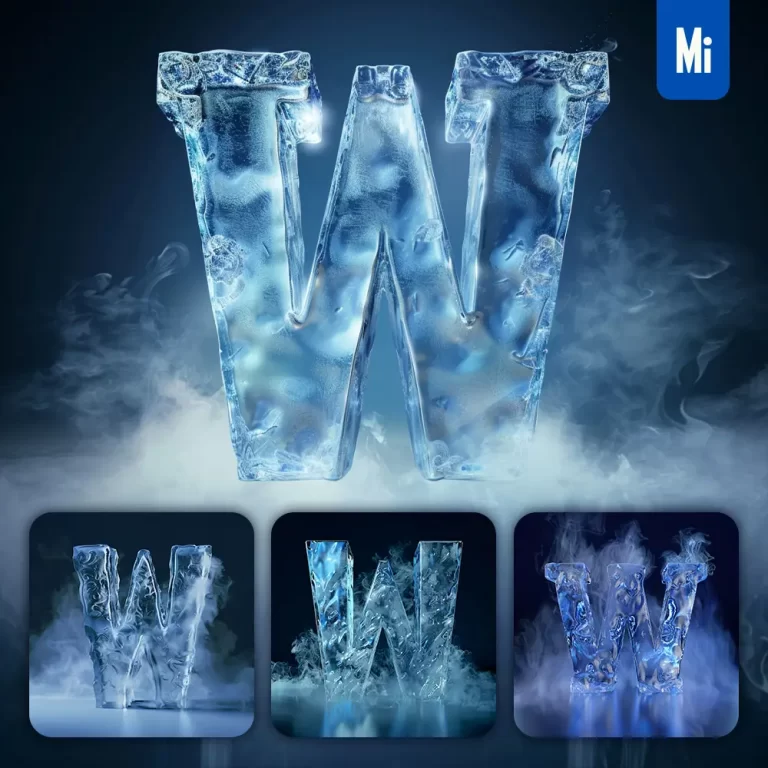 midjourney prompt W letter cold ice block text word freeze 3D
