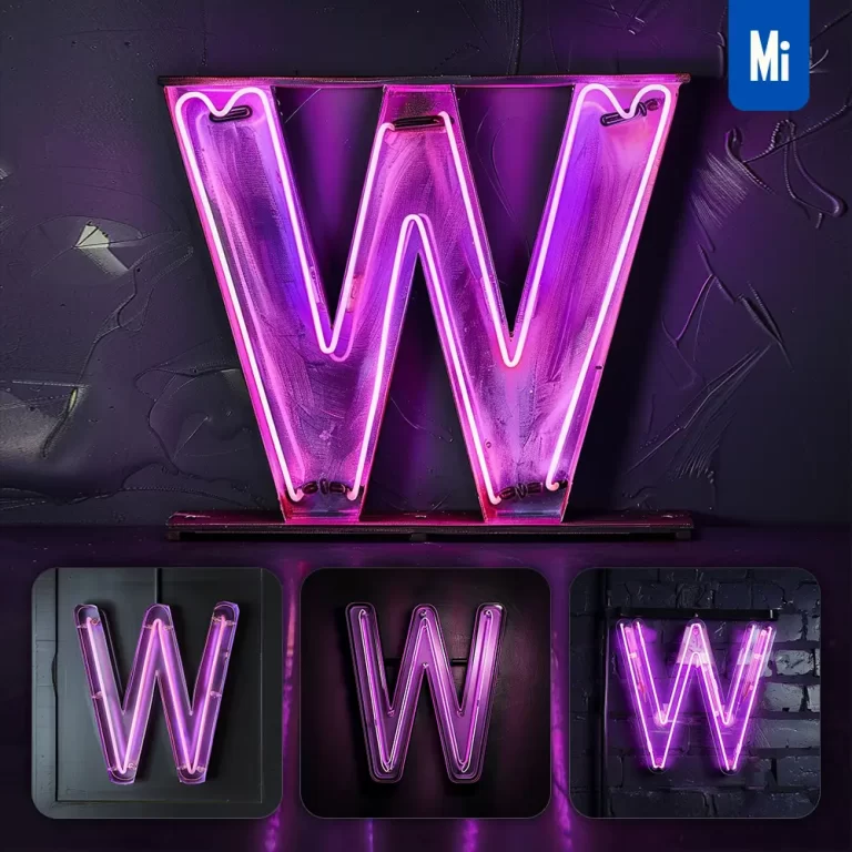 midjourney prompt W letter pink mauve LED neon light word text